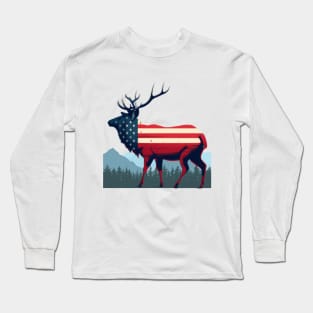 wapiti, american flag, mountain, forest, Colorado Long Sleeve T-Shirt